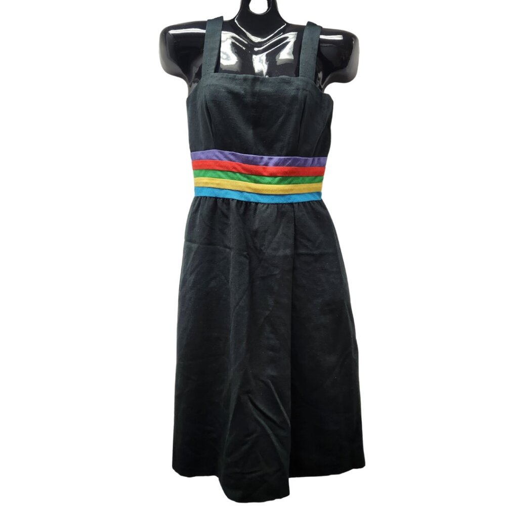 Vintage Black Dress With Rainbow Stripes Strapless EUC